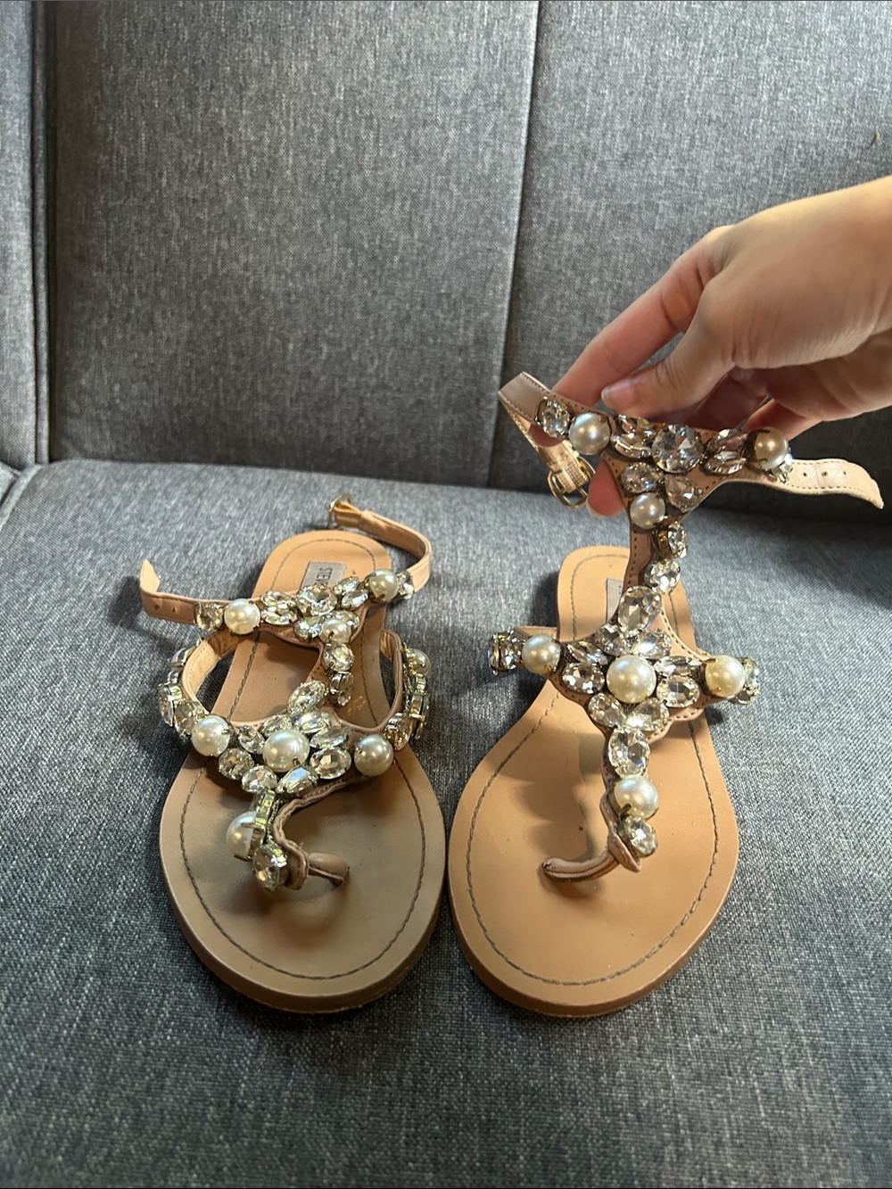 Steve Madden Tan Jeweled Pearl T-Strap Sandals